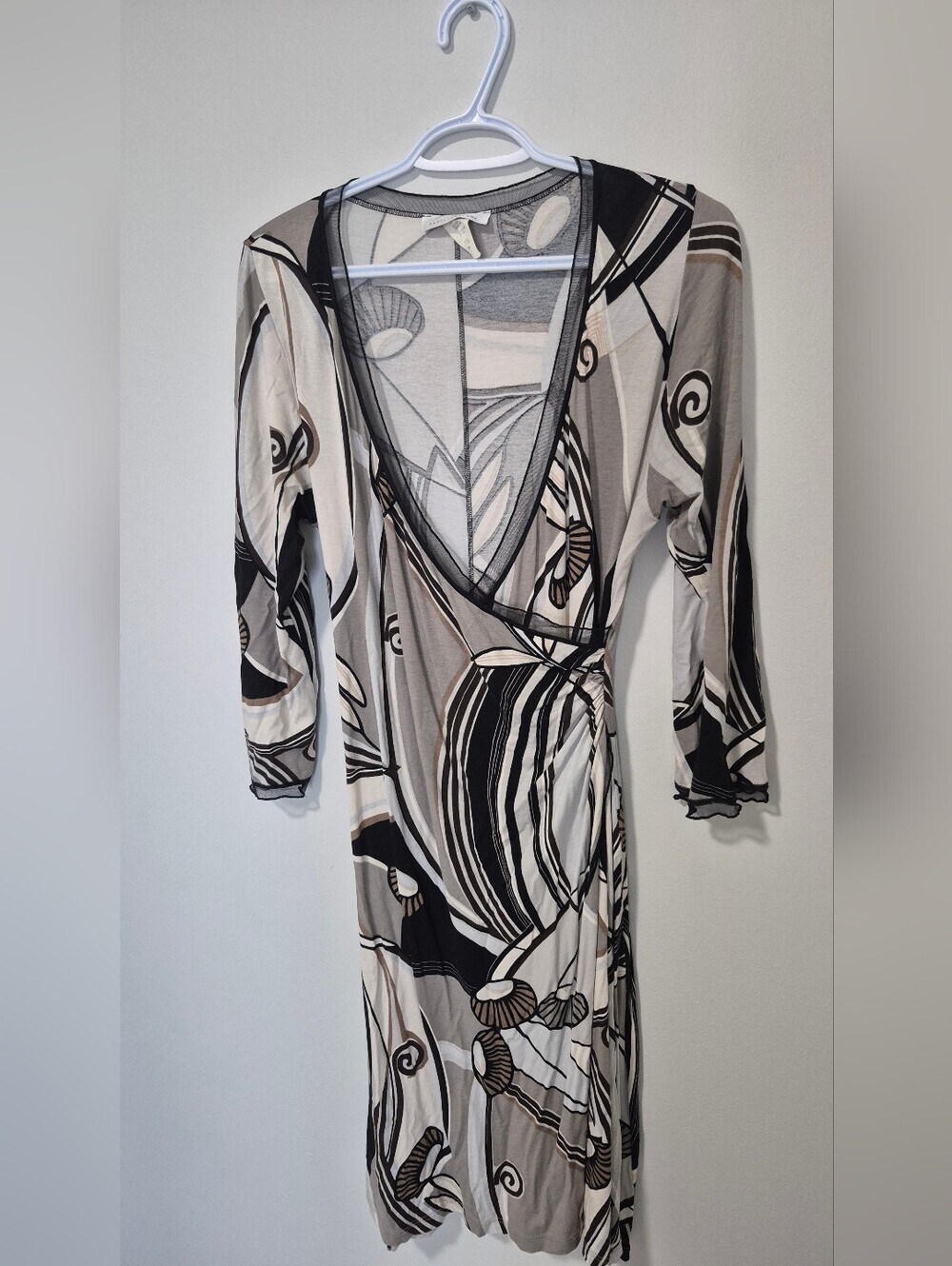 Papillon Blanc Retro Mod Abstract Wrap Dress Graphic Neutral 3/4 Sleeve M